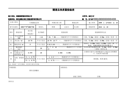 高速公路隧道表格样表