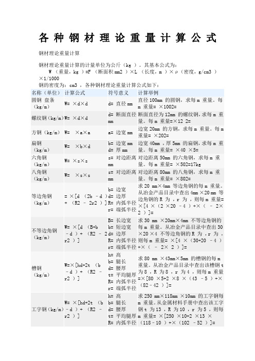 各种钢材理论重量计算公式