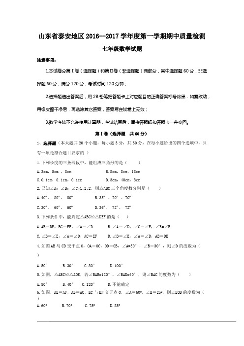 2016-2017学年鲁教版七年级上期中质量数学试题含答案