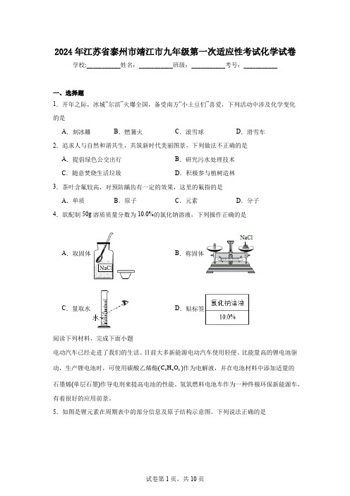 2024年江苏省泰州市靖江市九年级第一次适应性考试化学试卷