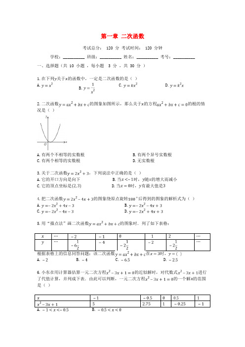 2018-2019学年度九年级数学上册 第1章 二次函数测试题 (新版)浙教版