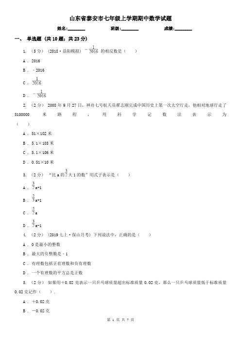 山东省泰安市七年级上学期期中数学试题