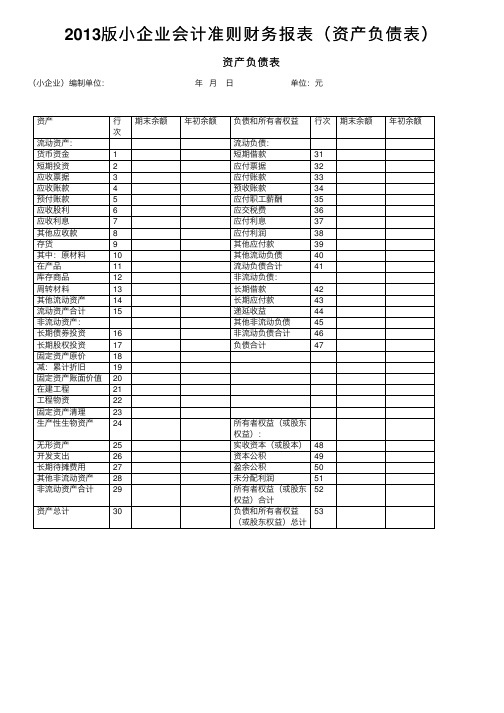 2013版小企业会计准则财务报表（资产负债表）