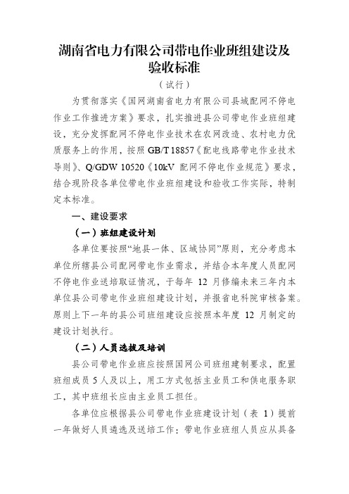 湖南省电力有限公司带电作业班组建设及验收标准(试行)