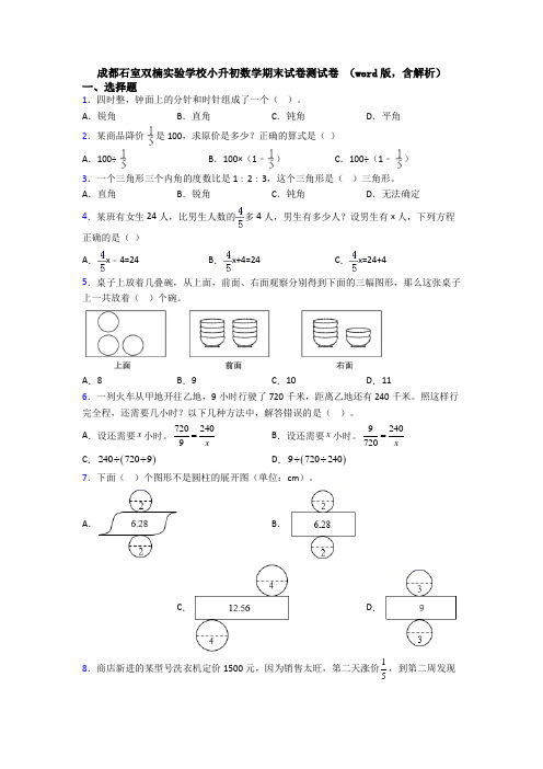 成都石室双楠实验学校小升初数学期末试卷测试卷 （word版，含解析）