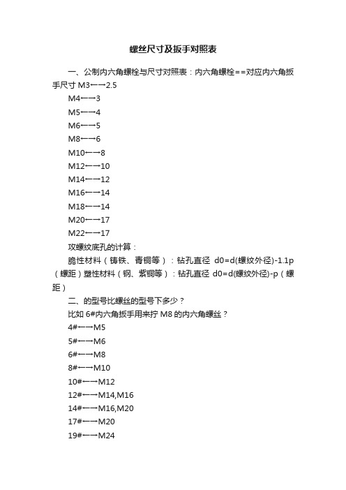 螺丝尺寸及扳手对照表