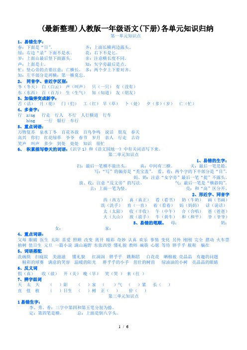 (最新整理)人教版一年级语文(下册)各单元知识归纳