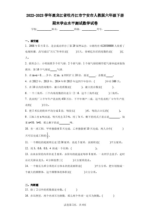 2022-2023学年黑龙江省牡丹江市宁安市人教版六年级下册期末学业水平测试数学试卷(含答案解析)