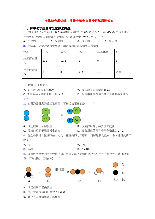 中考化学专项训练：质量守恒定律易错训练题附答案