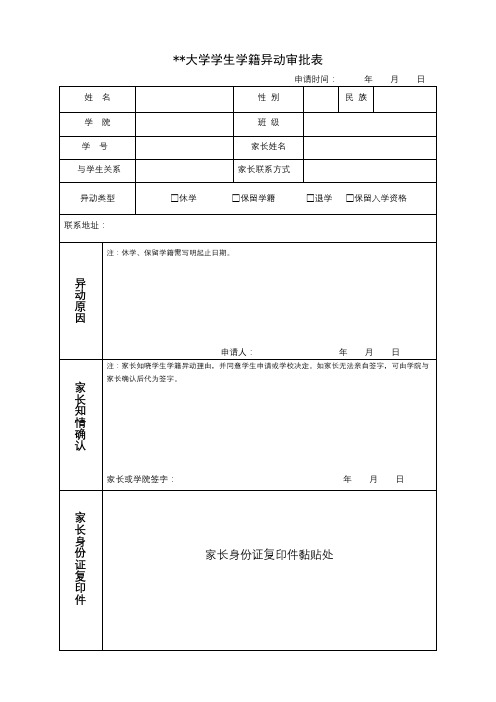 西北民族大学学生学籍异动审批表【模板】