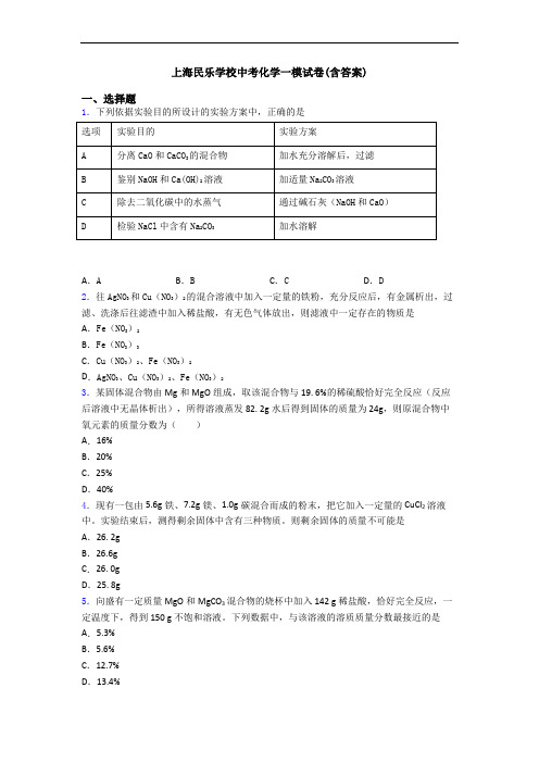 上海民乐学校中考化学一模试卷(含答案)