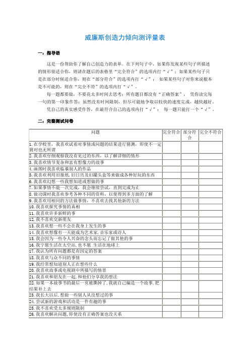 威廉斯创造力倾向测评量表3200字-50题