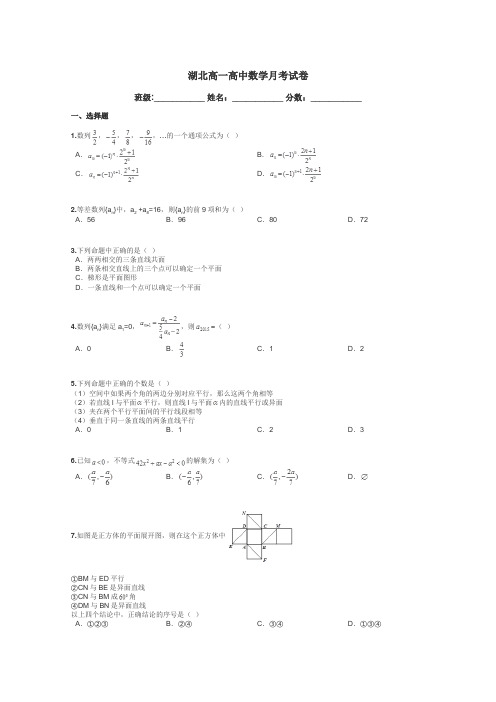 湖北高一高中数学月考试卷带答案解析
