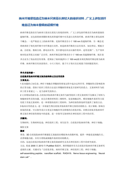 纳米纤维是指直径为纳米尺度而长度较大的线状材料广义上讲包括纤维直径为纳米量级的超细纤维