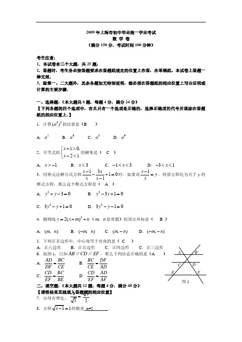 2009上海市中考数学及答案