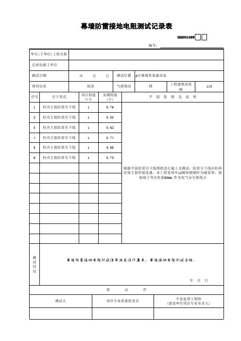  幕墙防雷接地电阻测试记录表