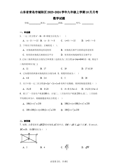 山东省青岛市城阳区2023-2024学年九年级上学期10月月考数学试题