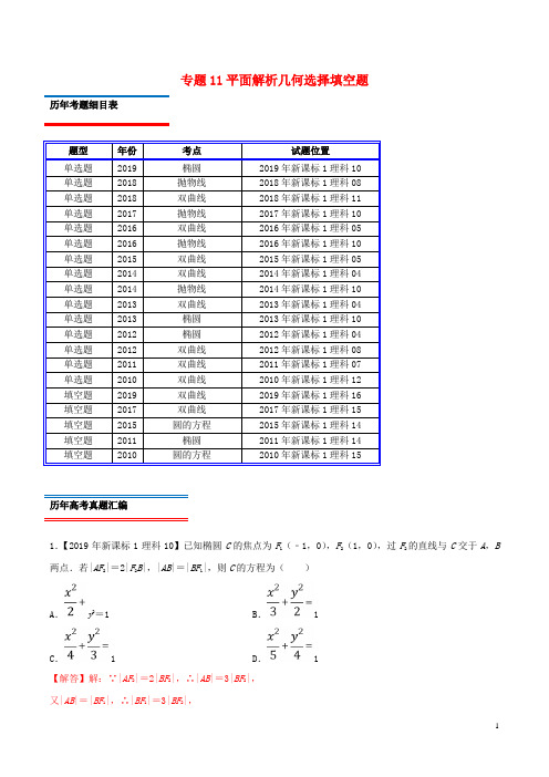 十年真题(2010_2019)高考数学真题分类汇编专题11平面解析几何选择填空题理(含解析)