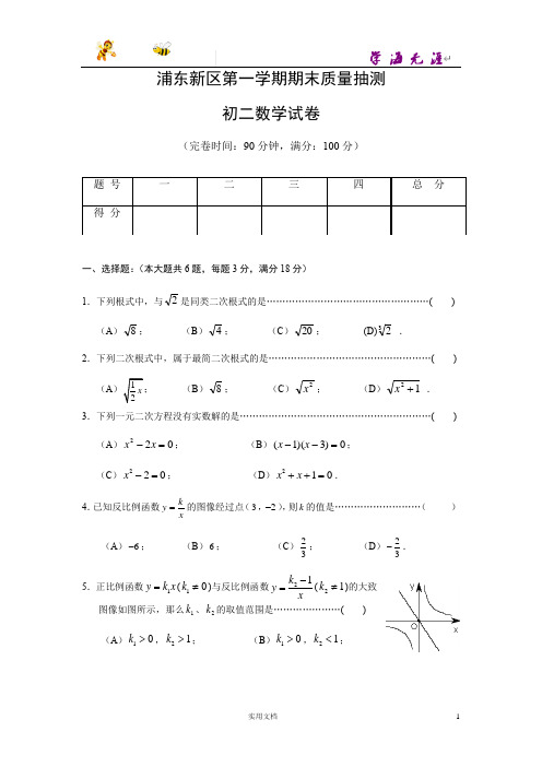 【8上-数学.浦东新区区卷】上海市浦东新区第一学期初二数学期末质量抽测(含答案)