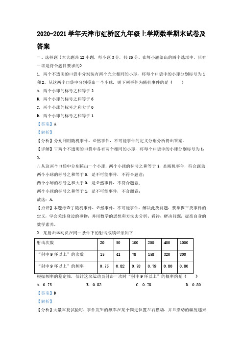 2020-2021学年天津市红桥区九年级上学期数学期末试卷及答案