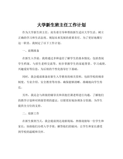 大学新生班主任工作计划