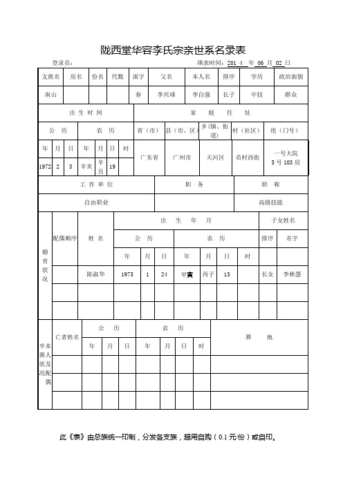 陇西堂华容李氏宗亲世系名录表