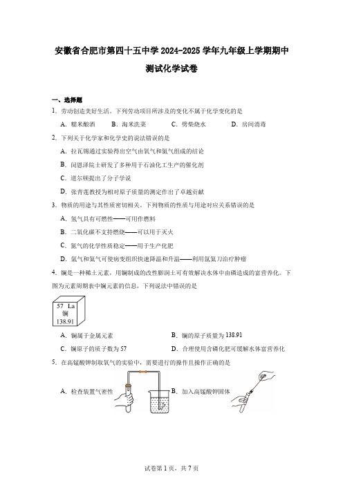 安徽省合肥市第四十五中学2024-2025学年九年级上学期期中测试化学试卷