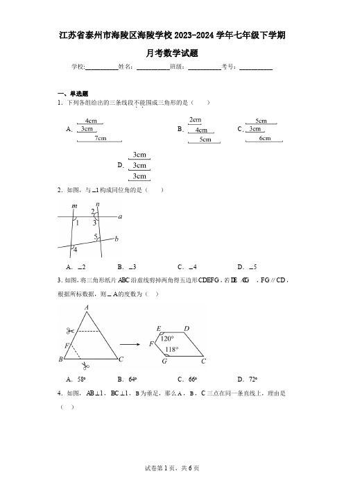 江苏省泰州市海陵区海陵学校2023-2024学年七年级下学期月考数学试题