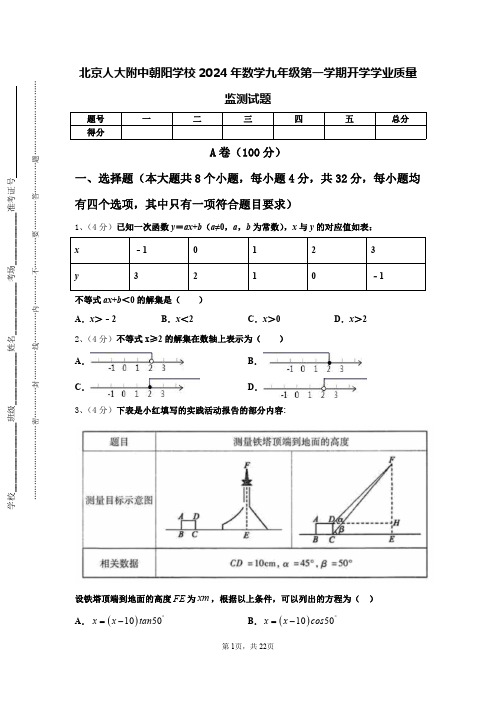 北京人大附中朝阳学校2024年数学九年级第一学期开学学业质量监测试题【含答案】