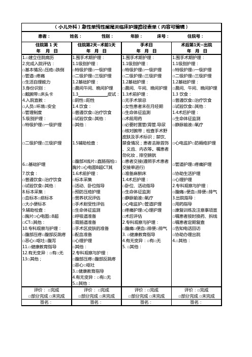 (小儿外科)急性单纯性阑尾炎临床护理路径表单(内容可编辑)