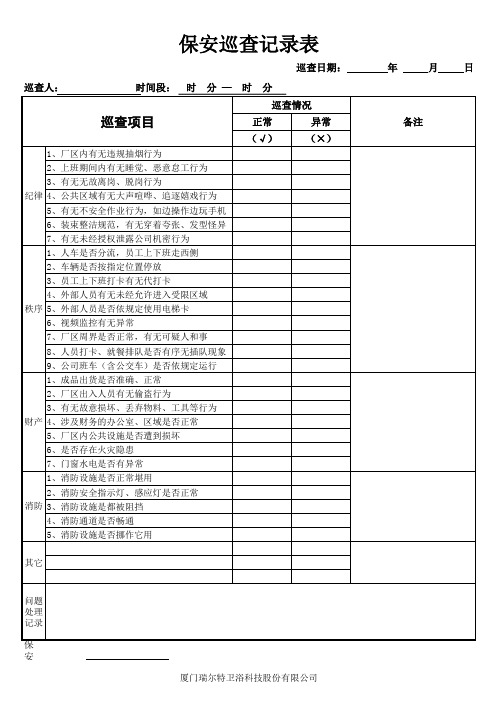 保安每日巡查记录表