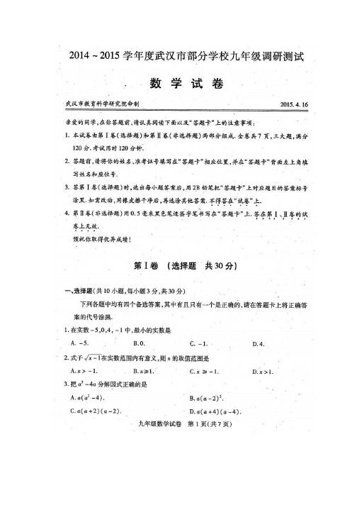 2015年武汉市四月调考数学试题及答案