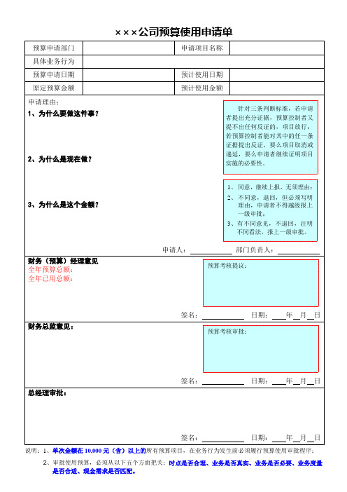 预算使用申请单模版