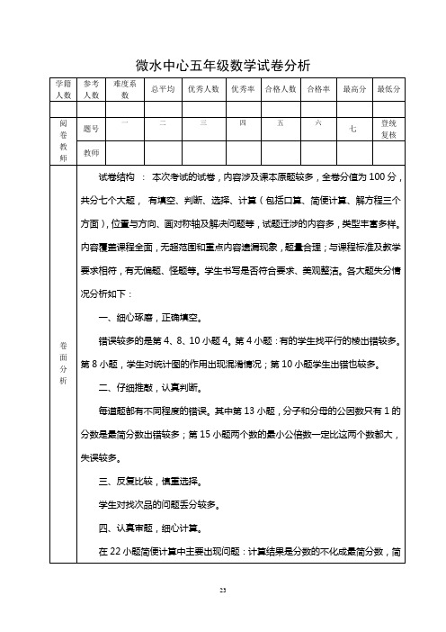 五年级数学试卷分析表1