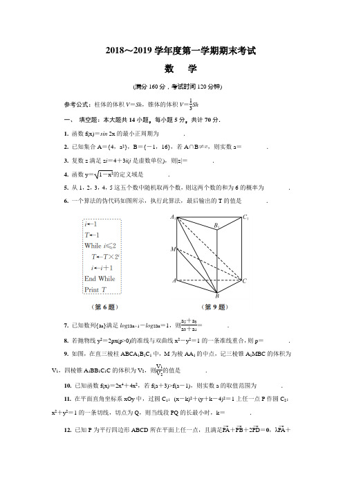 江苏省泰州市2019届高三上学期期末考试数学试题 Word版含答案