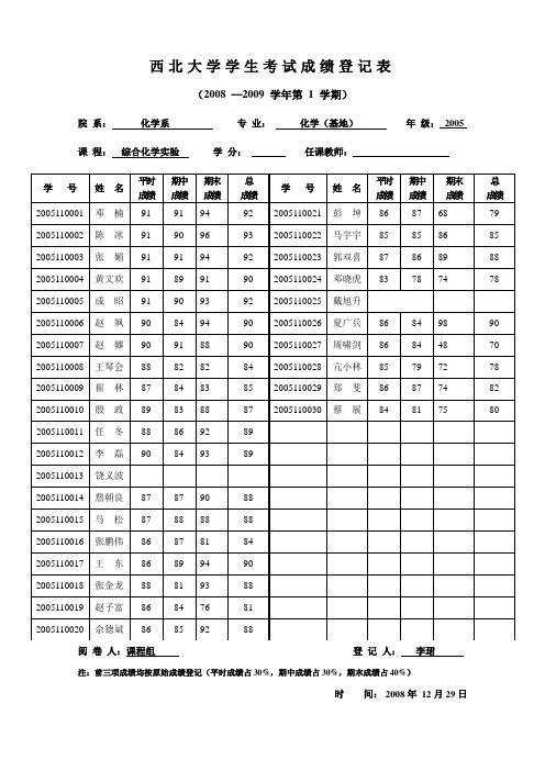 西北大学学生考试成绩登记表