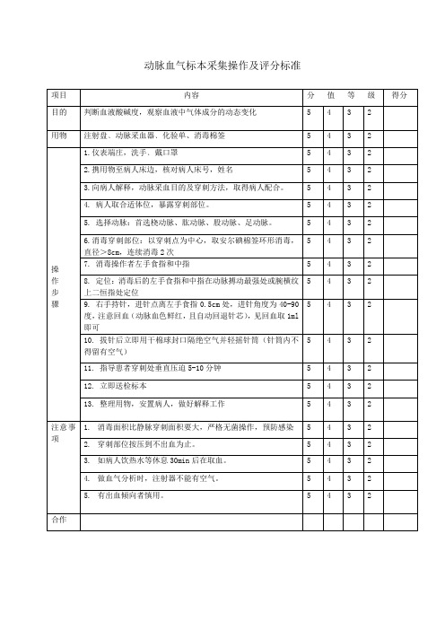 动脉血气标本采集操作及评分标准