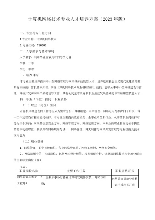 计算机网络技术专业人才培养方案2023年版