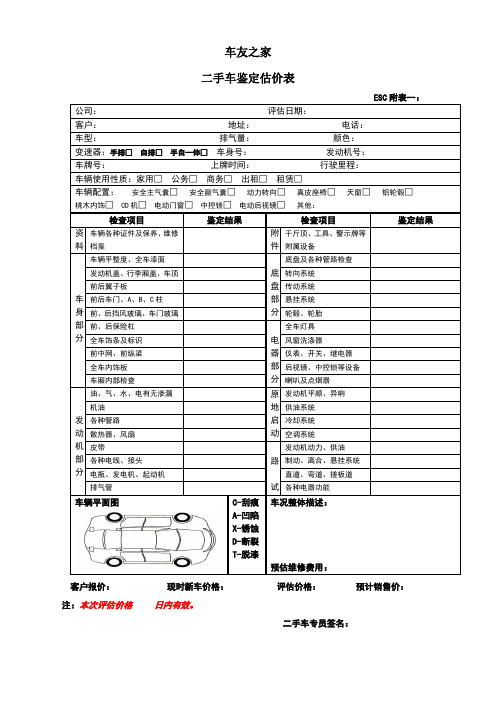 二手车鉴定估价表