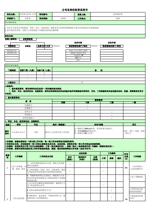 品质文控文员岗位职责说明书