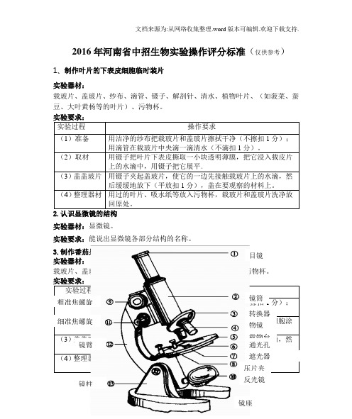 2020年河南省中招生物实验操作评分标准(参考)