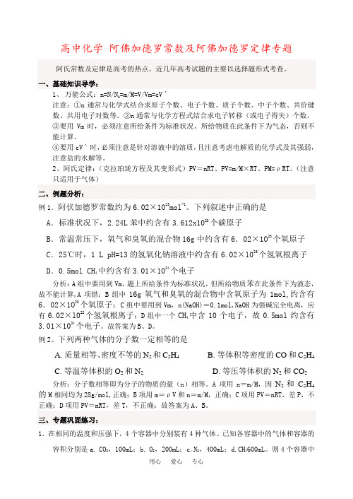 高中化学 阿佛加德罗常数及阿佛加德罗定律专题