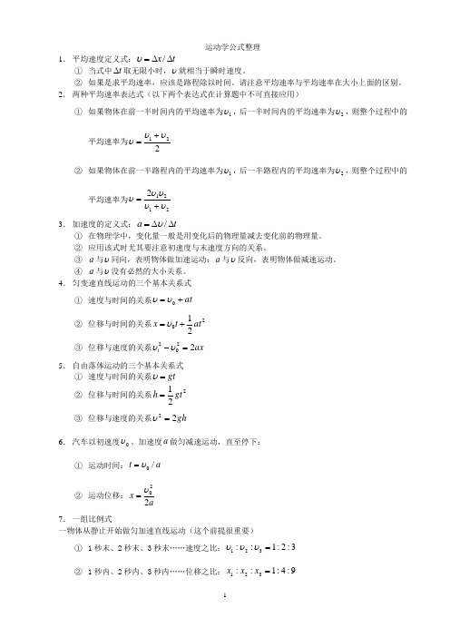 高一物理运动学公式整理