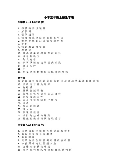 人教版小学语文生字表(五年级)