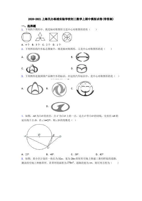 2020-2021上海民办杨浦实验学校初三数学上期中模拟试卷(带答案)