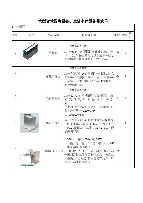 大型食堂厨房设备、生活小件服务需求单