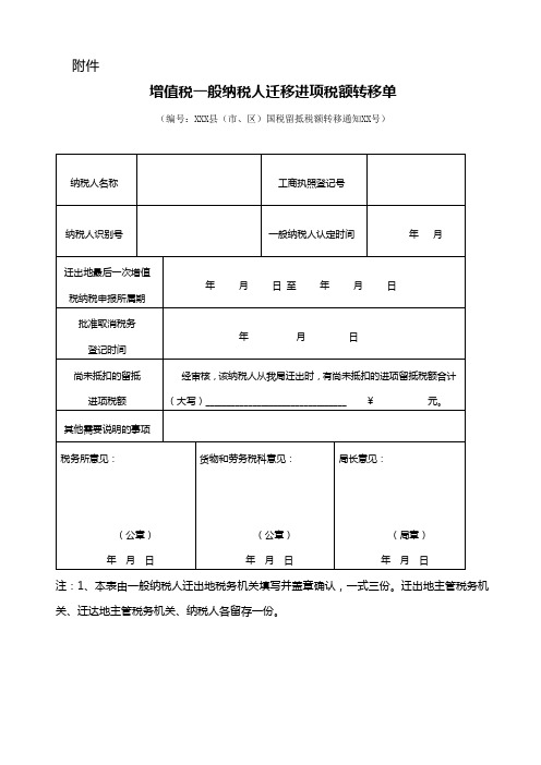 一般纳税人增值税进项税迁移转出表