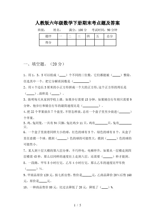 人教版六年级数学下册期末考点题及答案