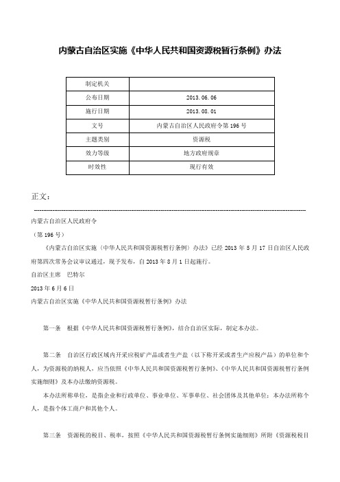 内蒙古自治区实施《中华人民共和国资源税暂行条例》办法-内蒙古自治区人民政府令第196号