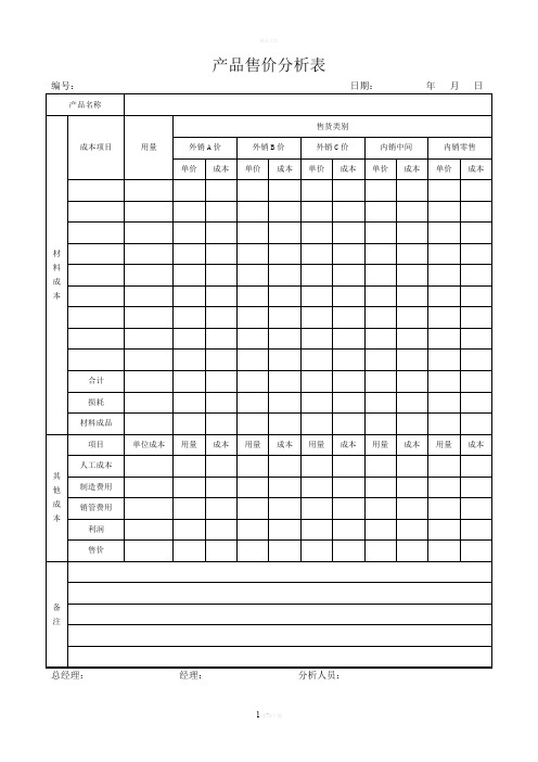 产品售价分析表